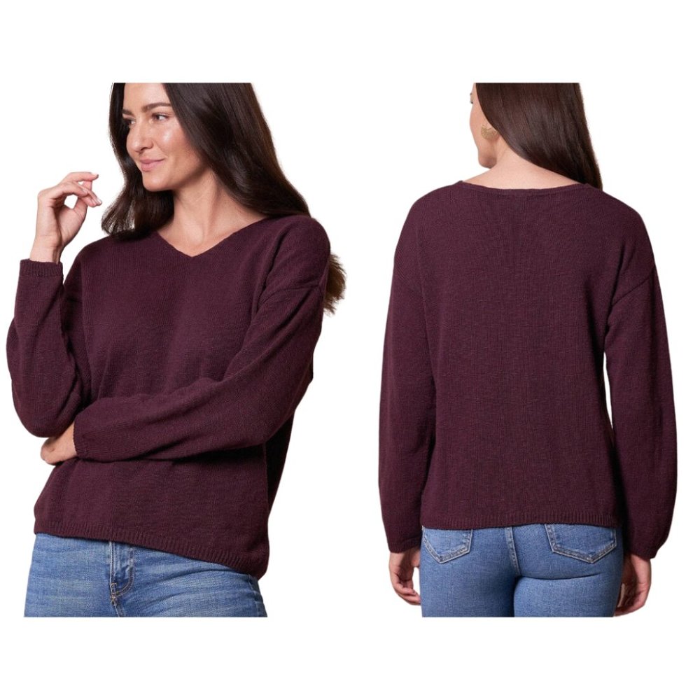 BB Dakota Oversized Sweater Velour Knit V Neck Eggplant/Deep Purple SZ Large